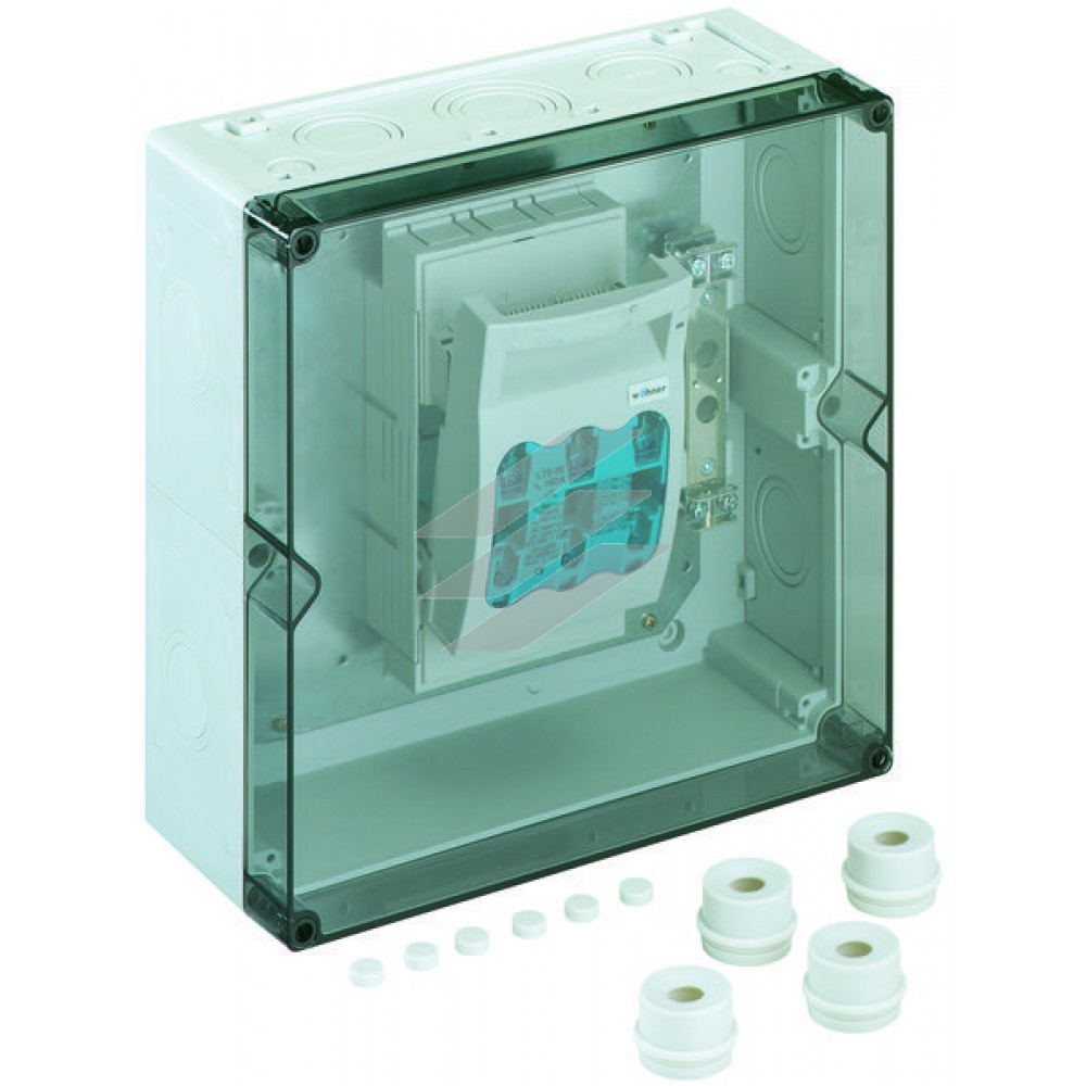 Корпус AKi-T 201 (300х300х132мм) з розчеплювачем під запобіжник (1хNH-00, 125A) на монтажній платі, клеми 70мм², 1хPE/N-2х50мм², прозора кришка, IP65, Spelsberg